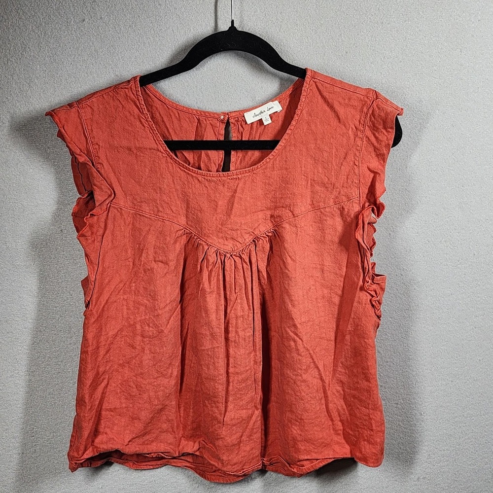 Another Love Linen Shirt Womens Large Orange Ruffle Sleeve Blouse Top Romantic